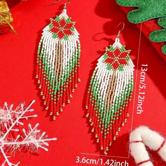 Beautiful Handmade Vintage Poinsettia Bead Tassel • Christmas Earrings - Picture 3 of 3